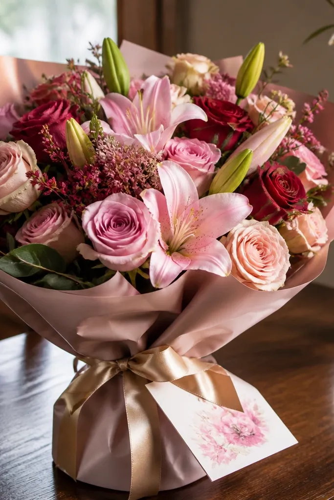 A bouquet in soft wrap with a ribbon and a gift card tucked into the paper
