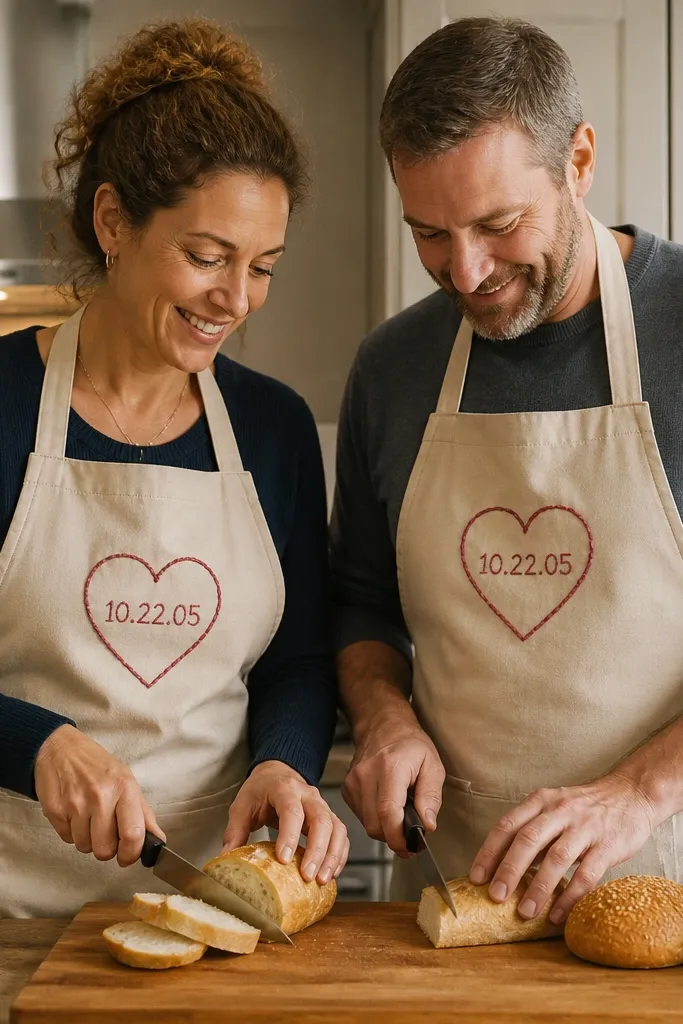 Two matching aprons laid flat with a small heart and anniversary date stitched in the center