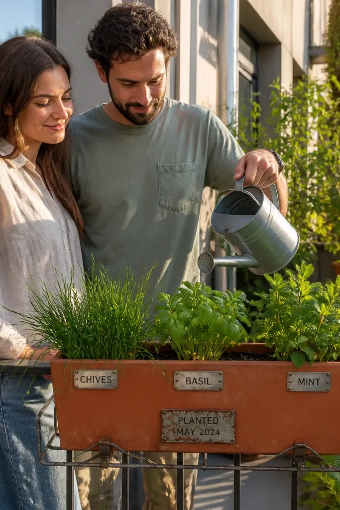 Terracotta planter with labeled herb starts and a small engraved date plaque