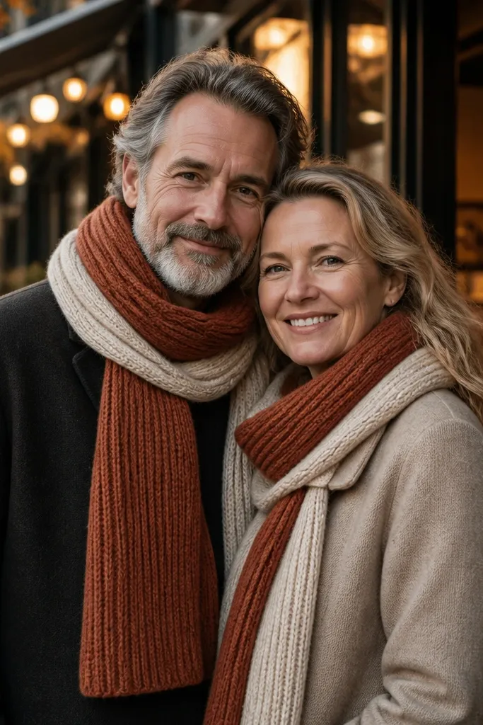 Two matching scarves draped over a chair with coordinated colors and a soft knit texture