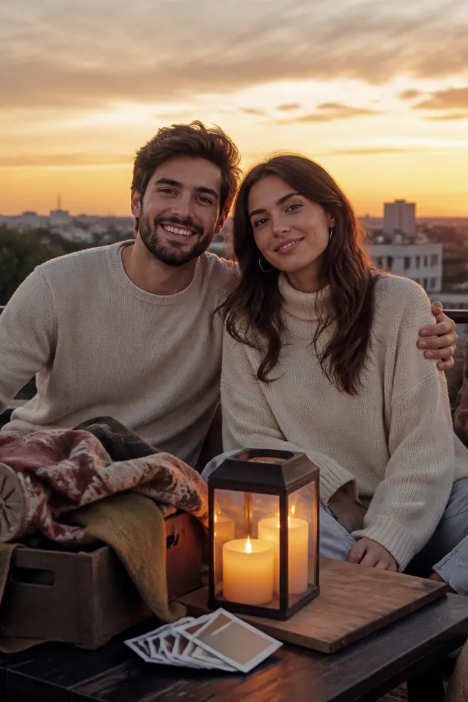 Rooftop picnic box with candles, picnic blanket, and framed prompts