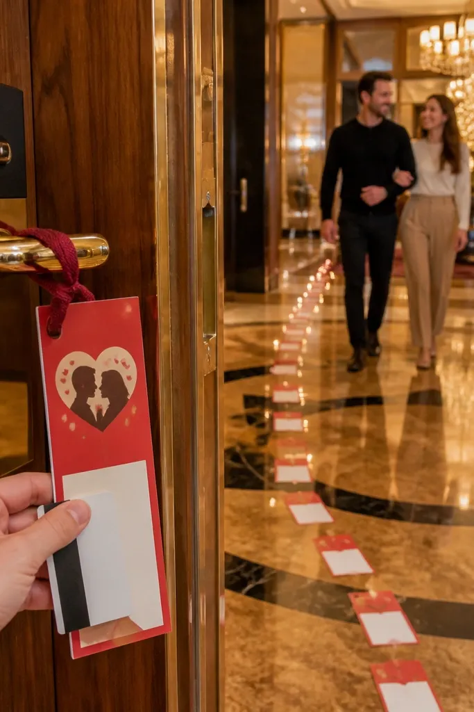 Hotel room door decorated with ribbon and small heart notes