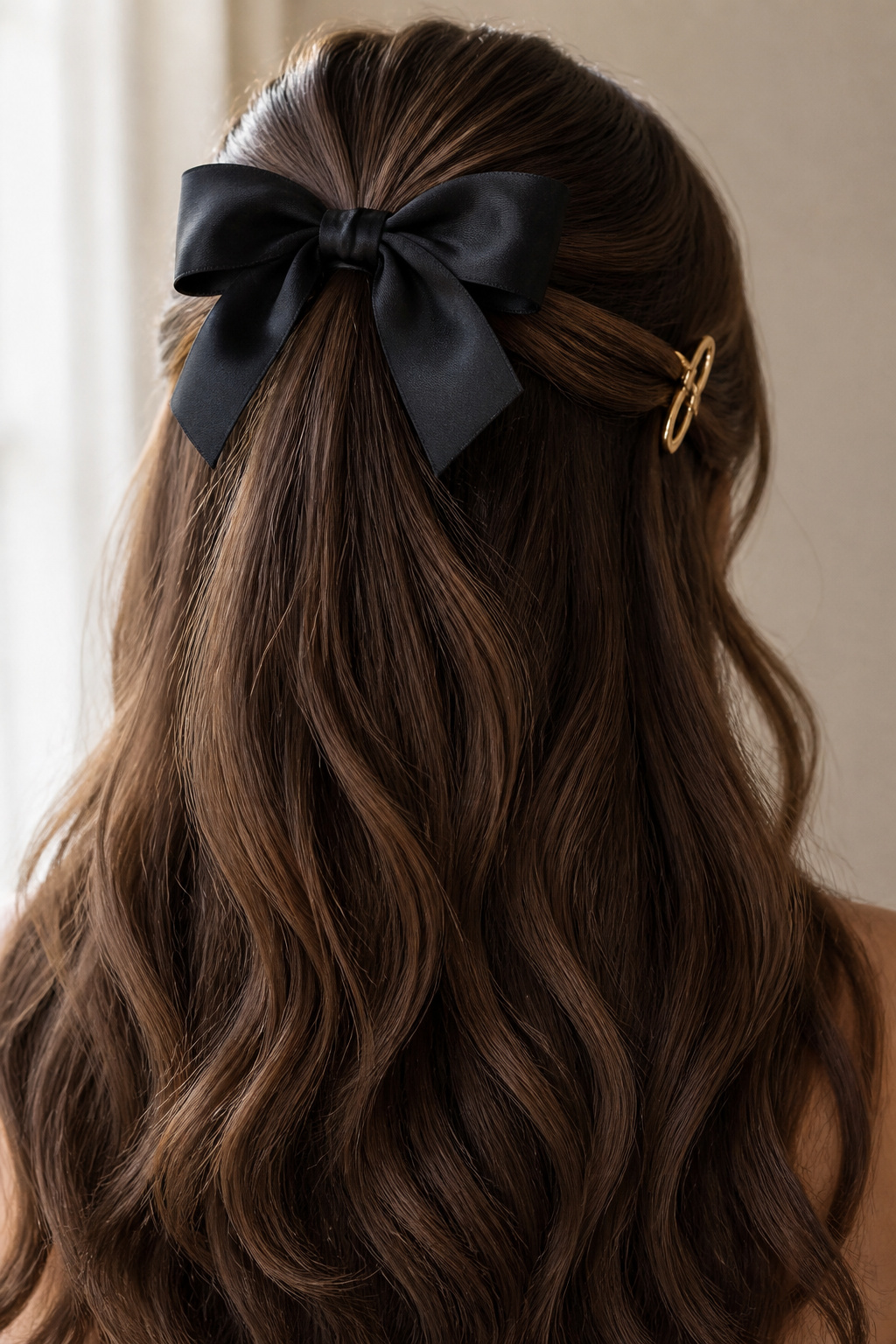 Girl with dark hair in a half-up ponytail, topped with two small bow clips