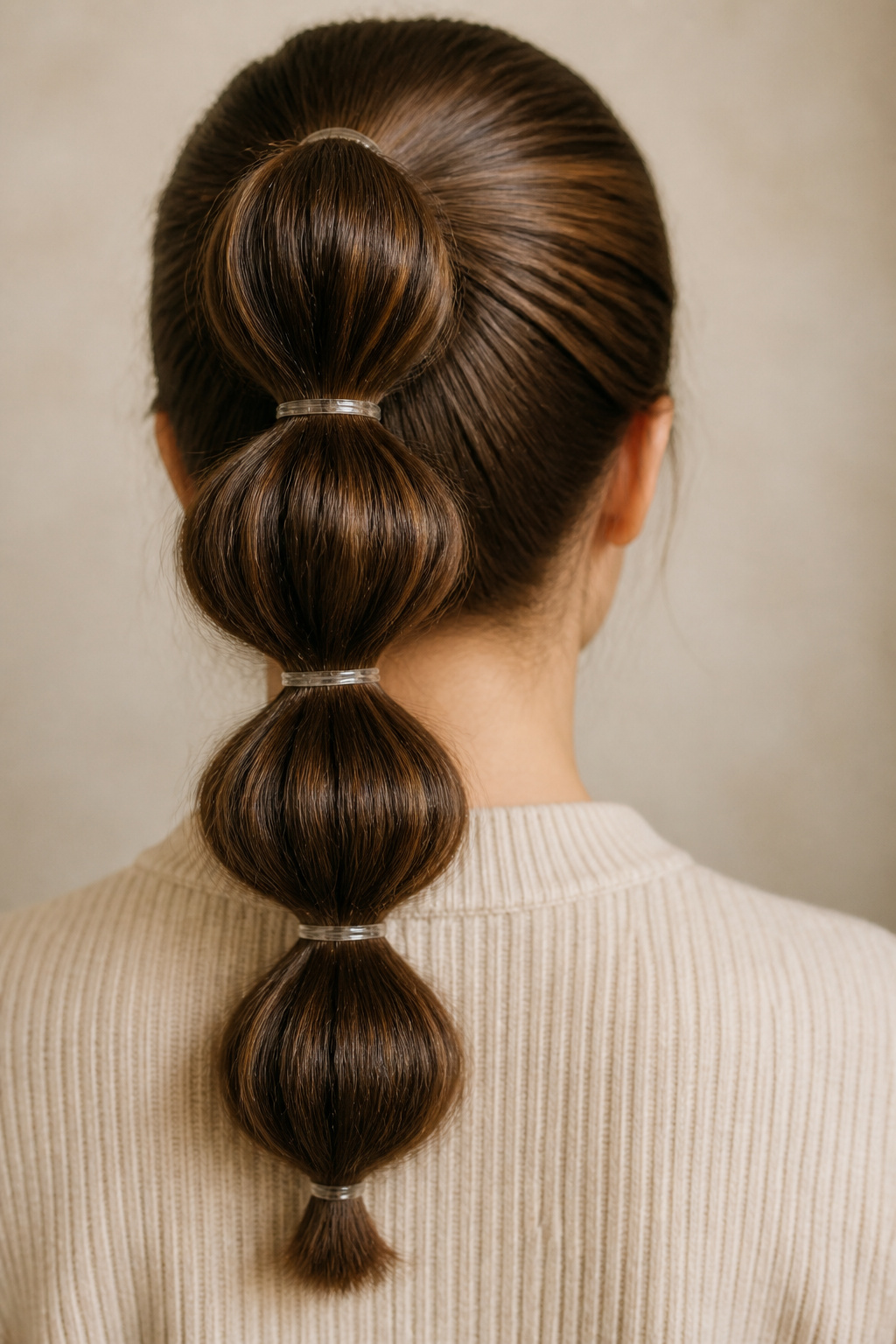 Girl with a low ponytail and two to three bubble sections tied with elastics