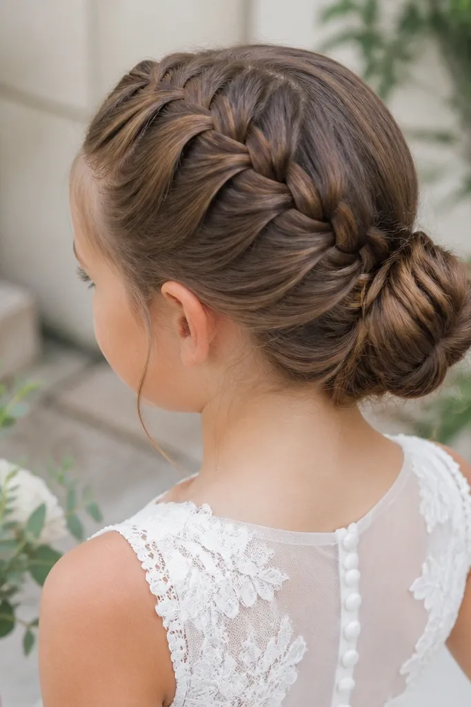 Girl with a low bun made from a French braid wrapped around the base