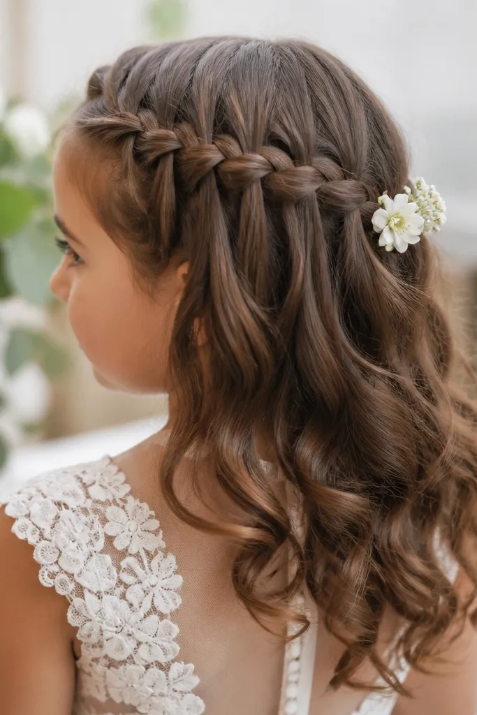 Girl with a waterfall braid pattern across the side and soft waves