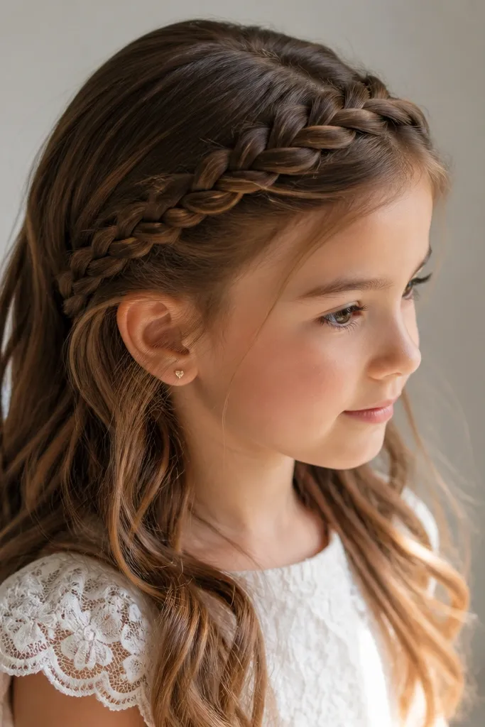 Girl with a braided headband across the forehead and loose hair behind