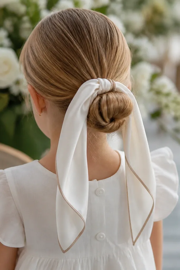 Girl with a low bun wrapped with a ribbon in a knot