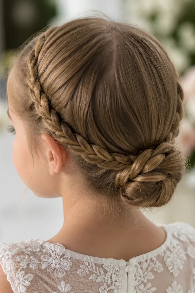 Girl with two small braids on the sides leading into a low twisted bun