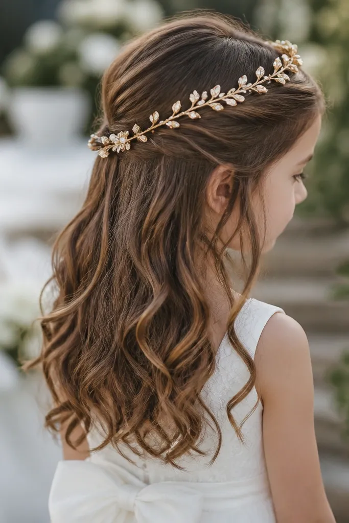 Girl with half-up hair clipped at the crown and loose waves flowing down