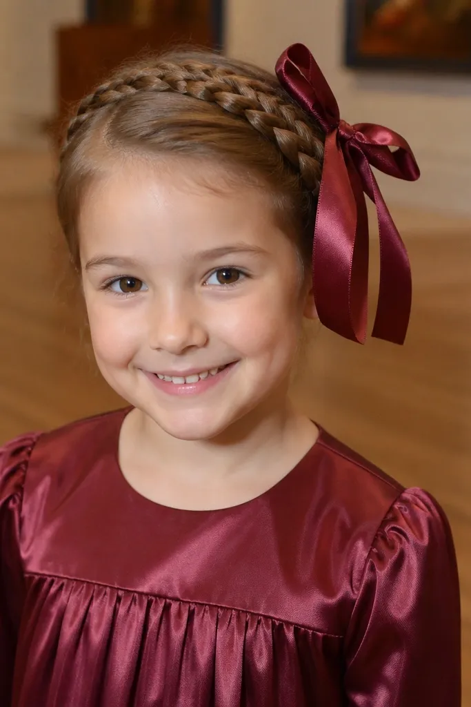 Girl with a braid wrapped across the head like a belt and a ribbon bow on the side