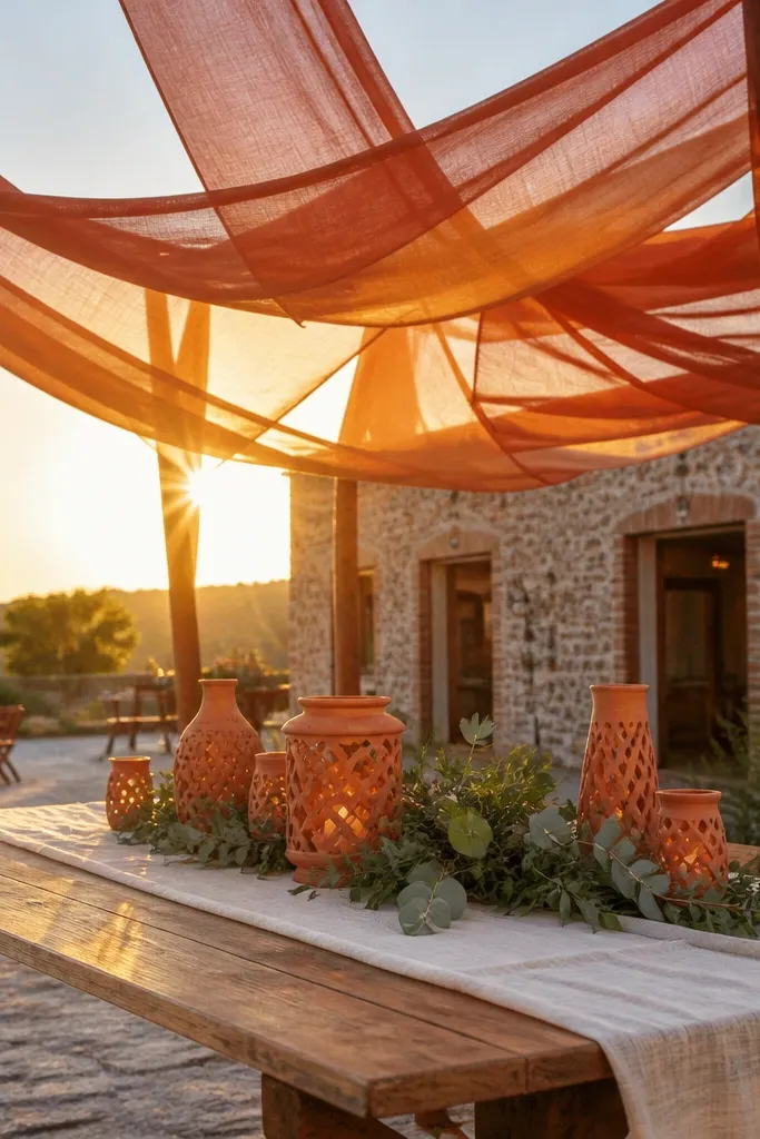 Terracotta gauze canopy draped above a welcome table with candles and small signage