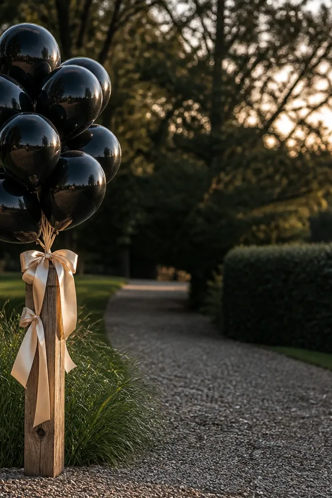 Ink-black balloons with warm cream ribbons tied to a small cluster near a path