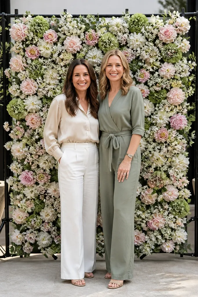 Roll-up backdrop stand with a small blush flower wall and a bride-to-be sign