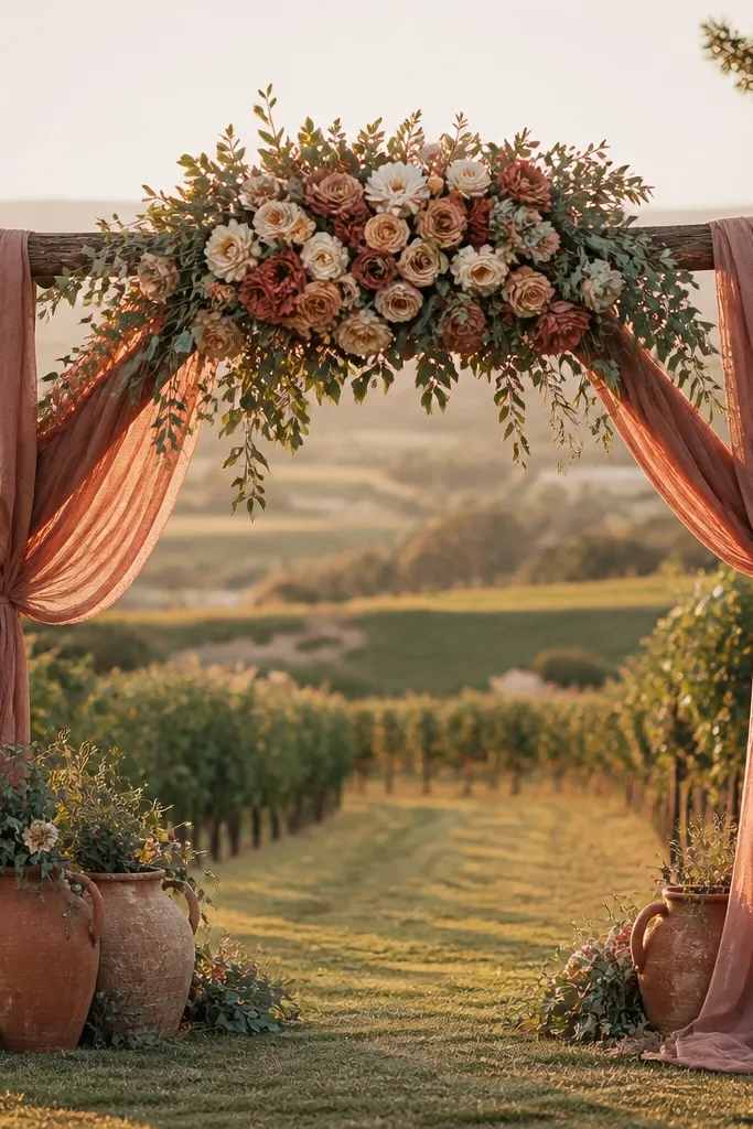 Rustic arch draped with fabric swags and a large centered floral dome