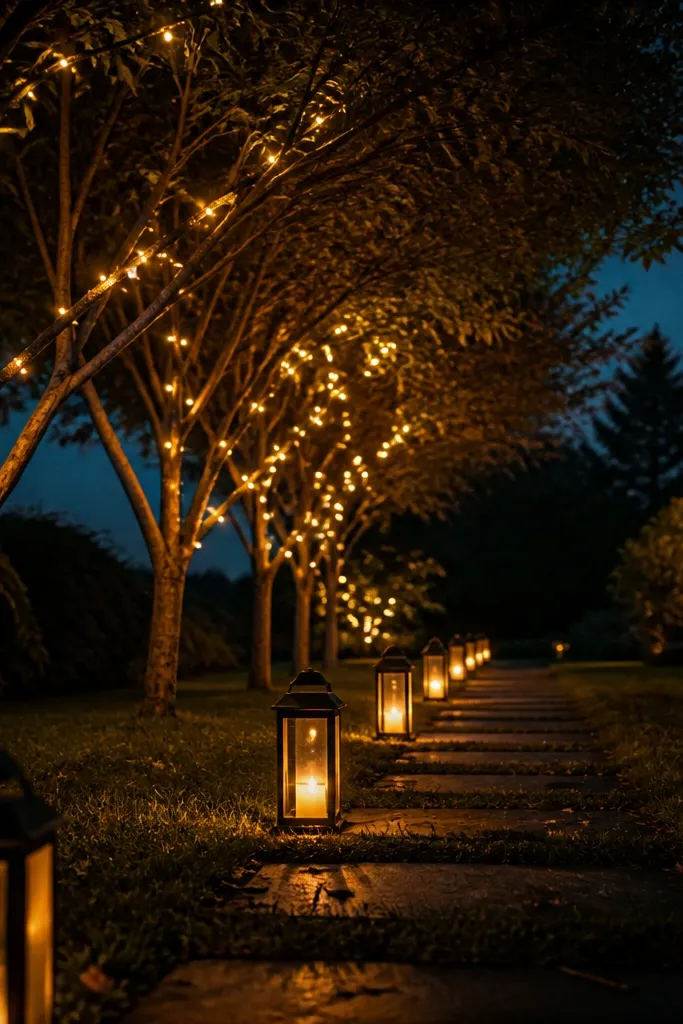 Warm white lanterns spaced along a tree line with tiny lights