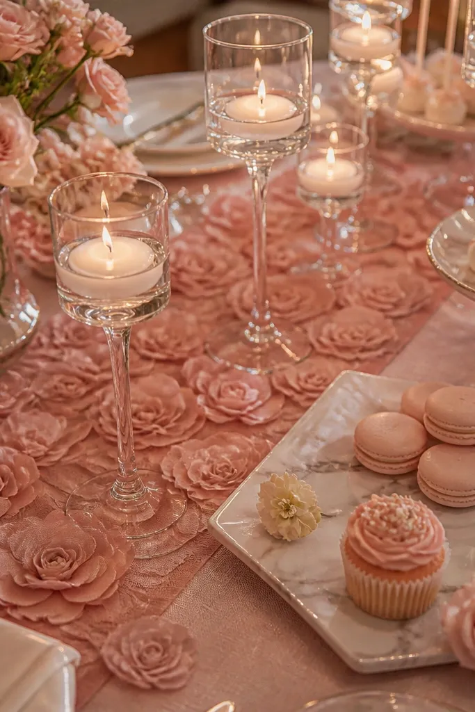 Single-color flower runner on a table with small candle cups around the edges