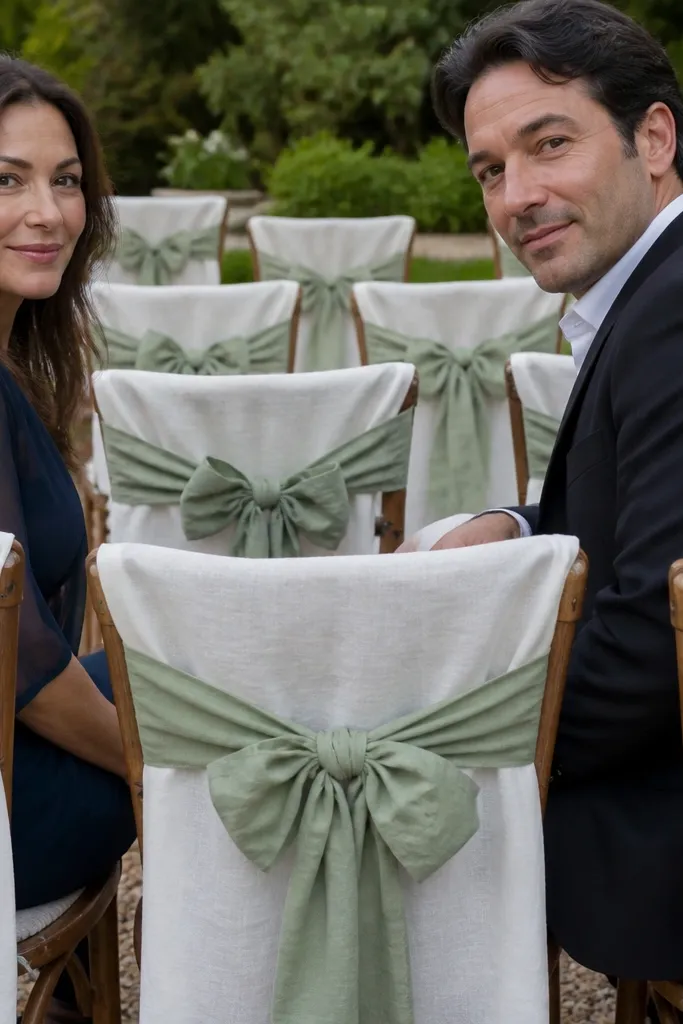 White linen chair sashes tied with sage bows on outdoor chairs