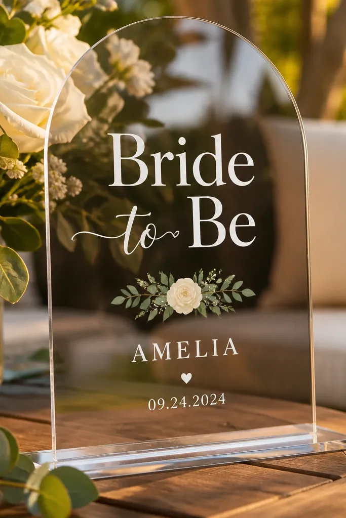 Acrylic bride-to-be sign on a small stand with warm cream background