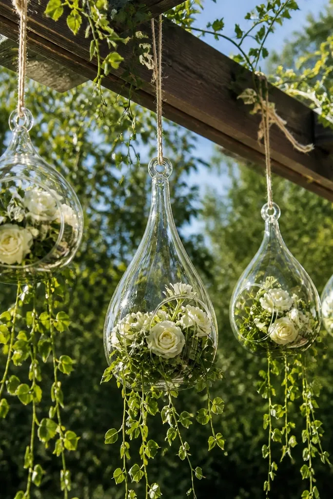 Hanging glass terrariums filled with white florals and green vines above seating