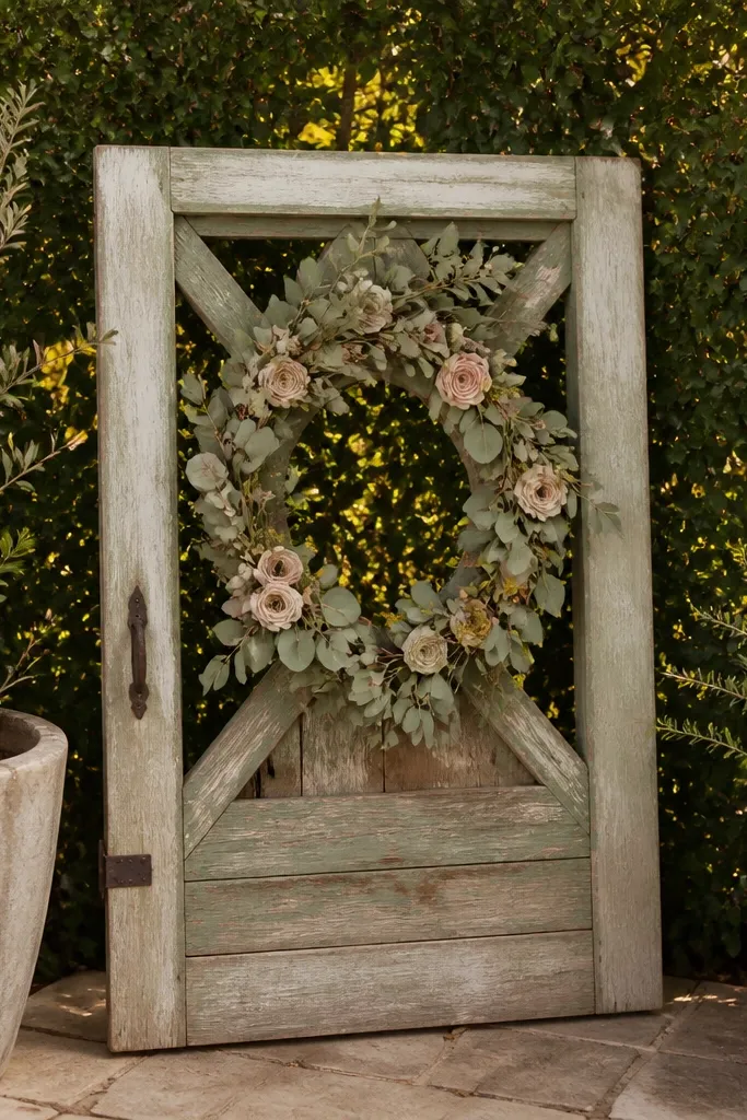 Freestanding garden gate frame with a wreath centerpiece for bride-to-be photos