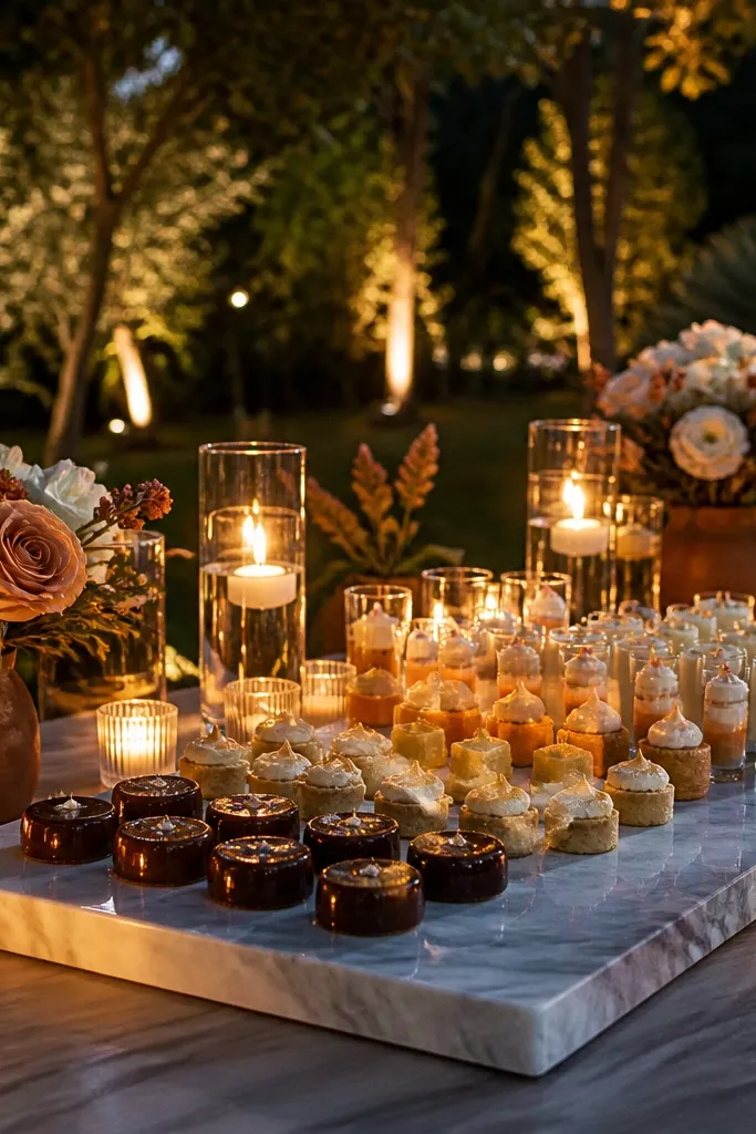 Dessert table with marble-effect trays and small candles scattered along the front