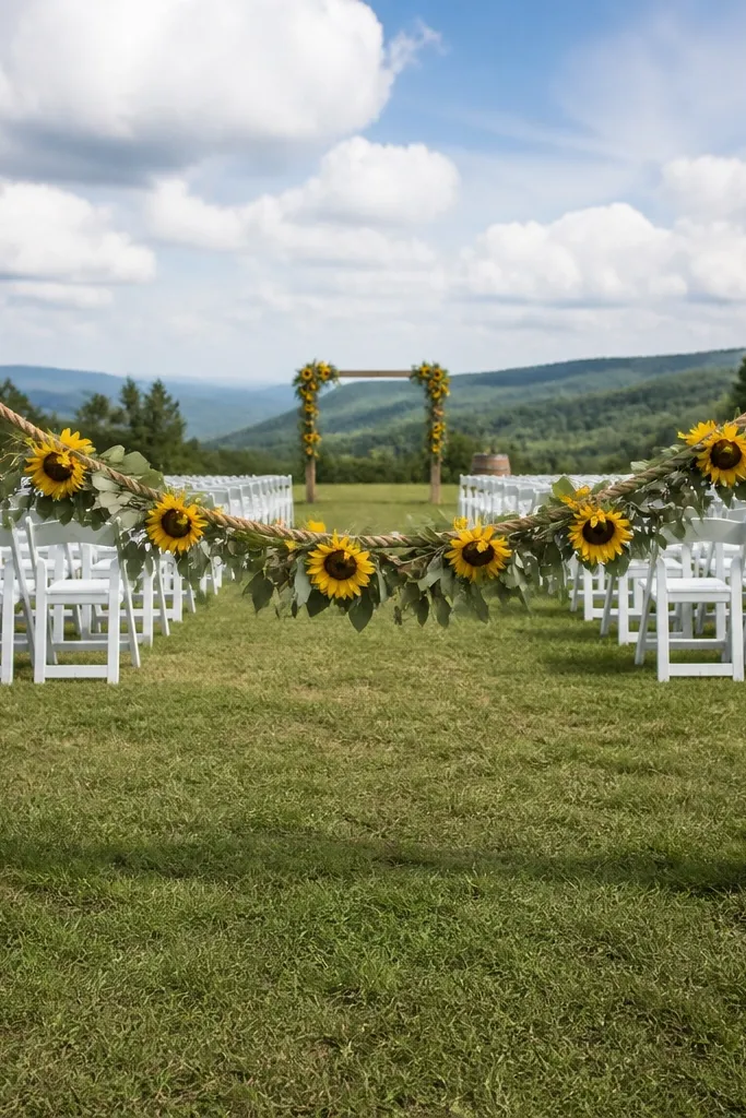 Sunflower and sage garland stretched along a rope line at the entrance
