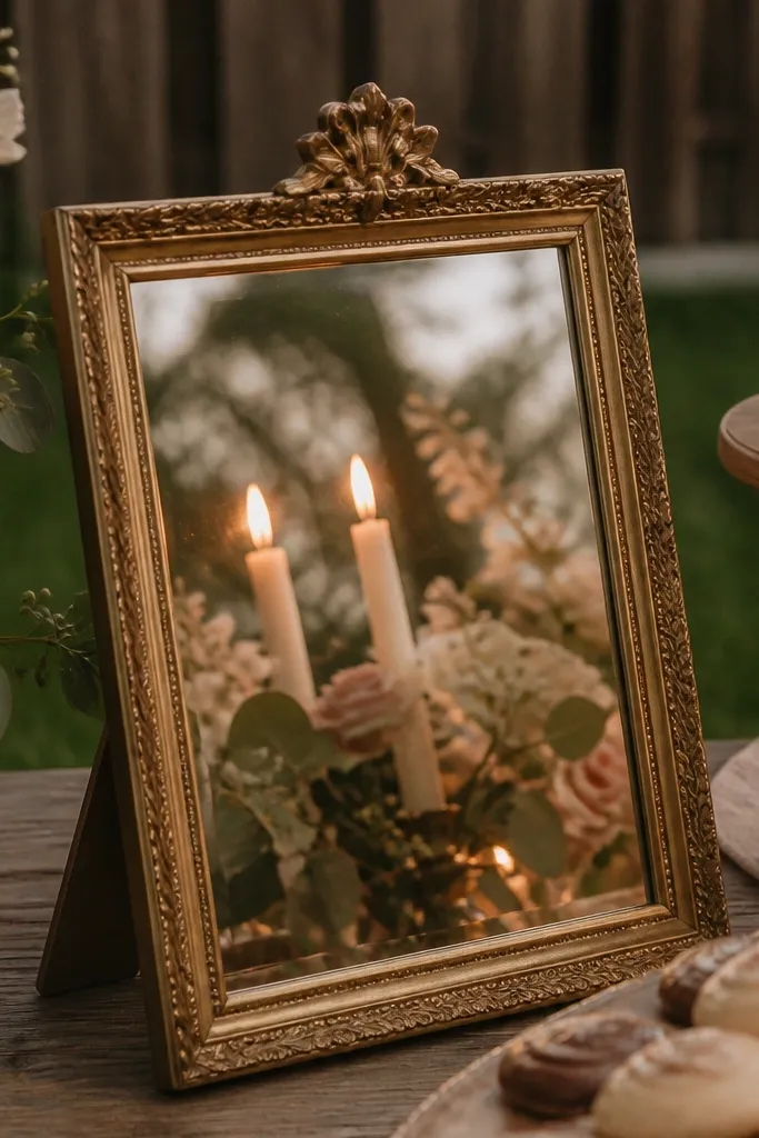 Small gold frame mirrors placed near desserts to create reflections in photos