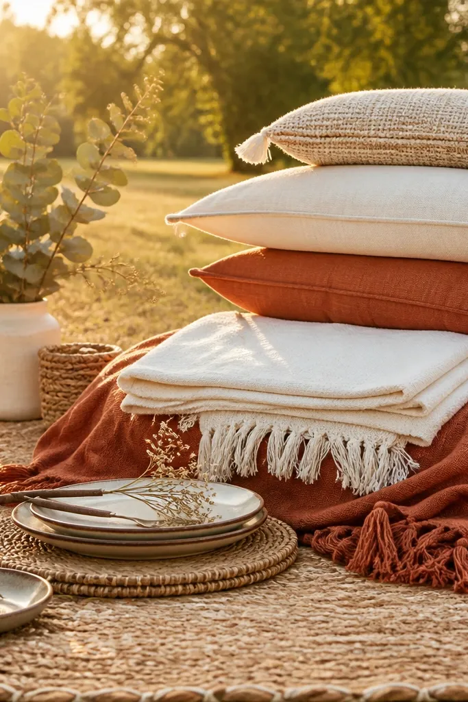 Terracotta and cream picnic blanket with stacked pillows and a small flower centerpiece