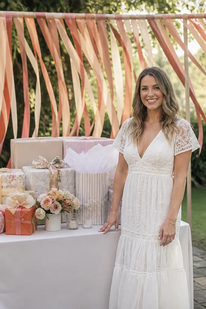 Ribbon strands tied behind a gift table with a clean sign in front