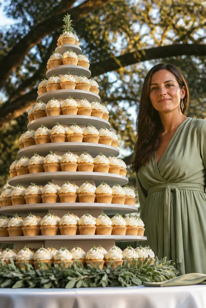 Cupcake tower with sage leaf accents and warm cream cupcake liners