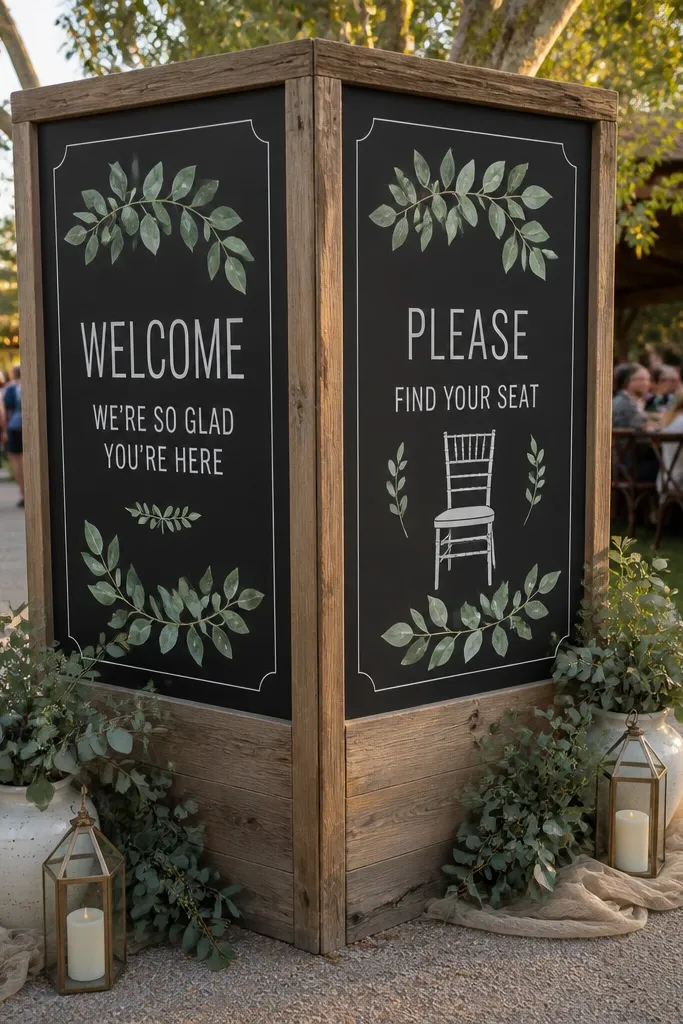 Two chalkboards on a stand with bride-to-be welcome text and small floral accents