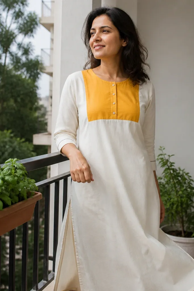Ivory cotton kurta with a saffron panel at the chest and simple matching bottoms