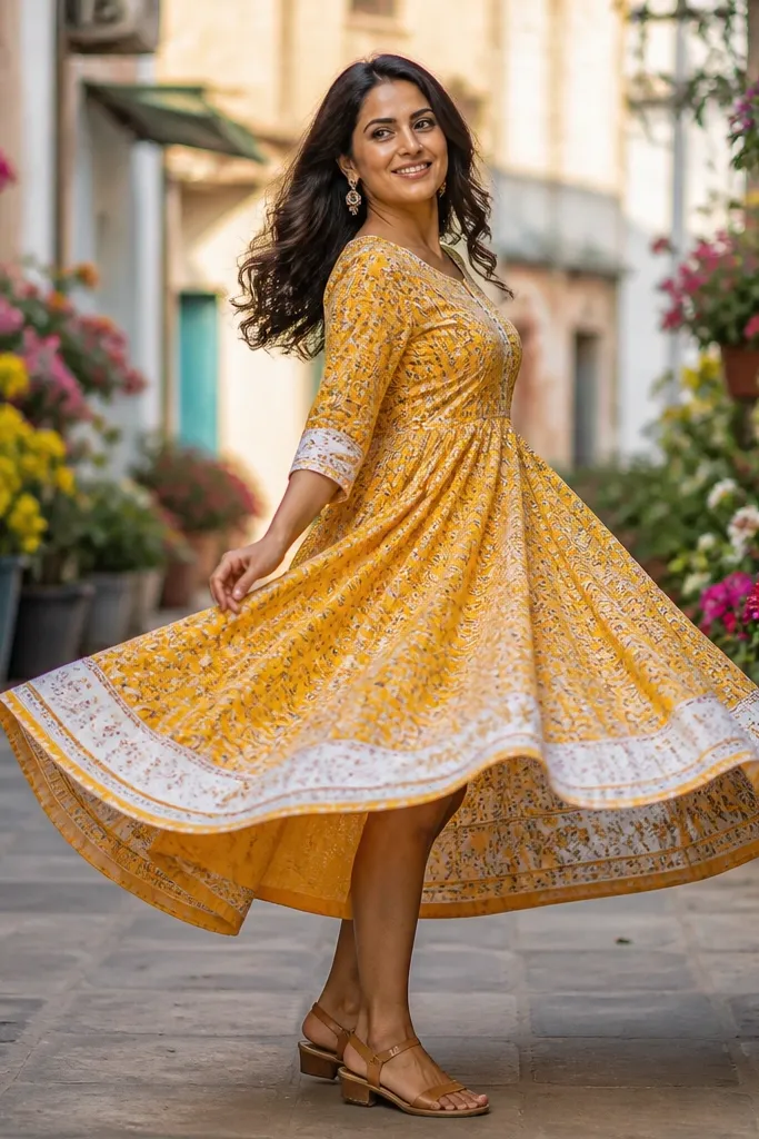 Marigold yellow flared dress with white border and small block-print motifs