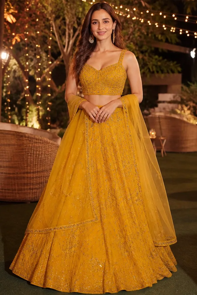 Turmeric-yellow two-piece dress with a full skirt and a soft net dupatta