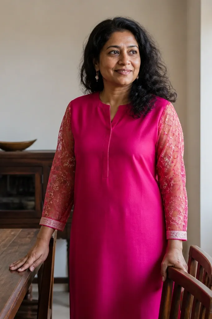 Hot pink straight kurta with sheer sleeves and subtle embroidery