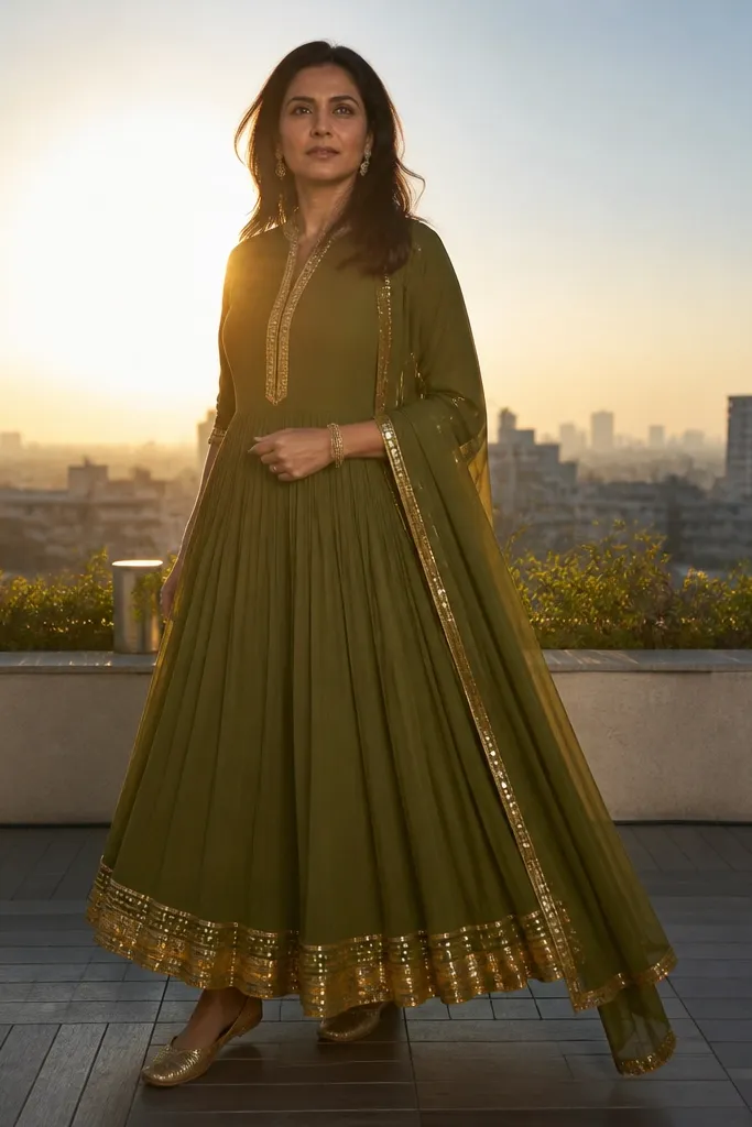 Olive green anarkali dress with a gold foil border and flared skirt
