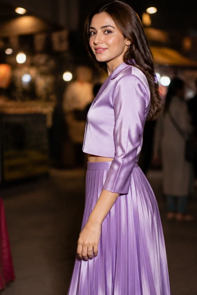Lavender satin co-ord with a pleated skirt and a short cropped jacket