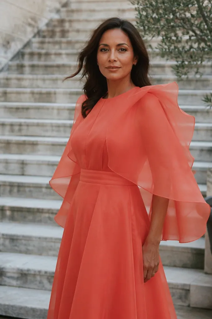 Coral dress with a fitted waist and an organza cape drape