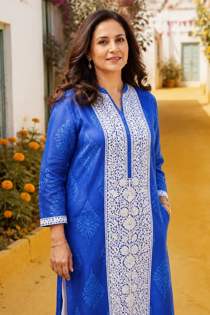 Royal blue kurta with a white embroidered panel down the front