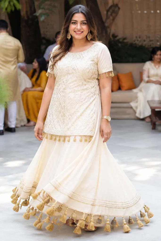 Cream lehenga skirt with a gold tassel border and a short matching kurti