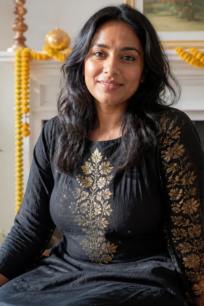 Black dress with gold foil prints and a simple neckline