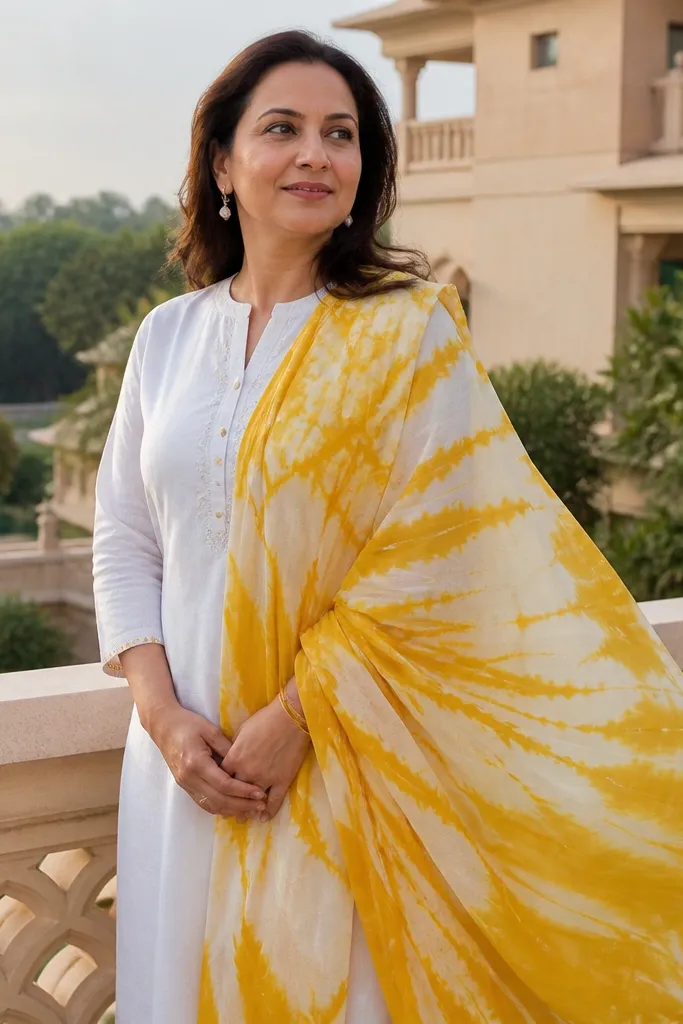 White cotton kurta with a yellow tie-dye dupatta draped over one shoulder