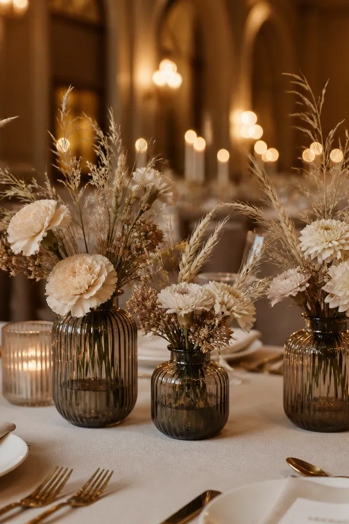 Smoked glass bud vases with dried wheat stems on a dark table runner