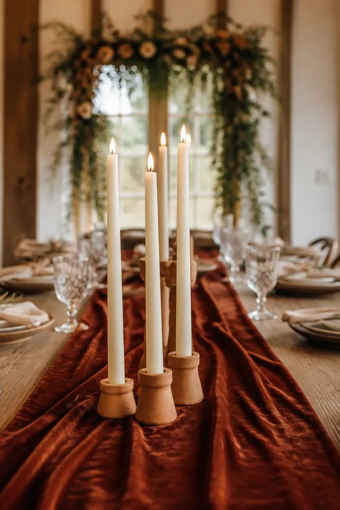 Rust velvet table runner with small terracotta taper holders and cream candles