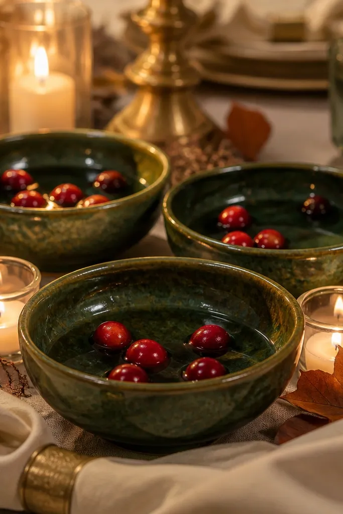 Deep green ceramic bowls with floating candles and scattered cranberries