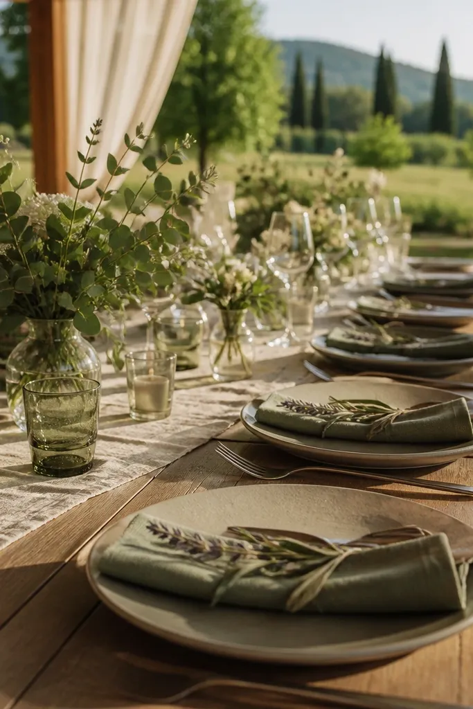 Sage napkins with dried lavender sprigs and small olive branches on plates