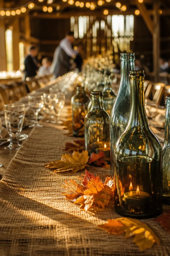 Burlap table runner with smoked teal bottles grouped in a cluster