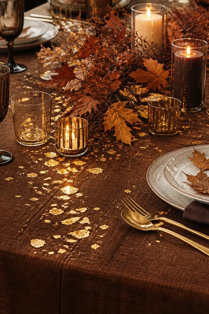 Chocolate brown tablecloth with small mirrored gold leaf pieces around candles