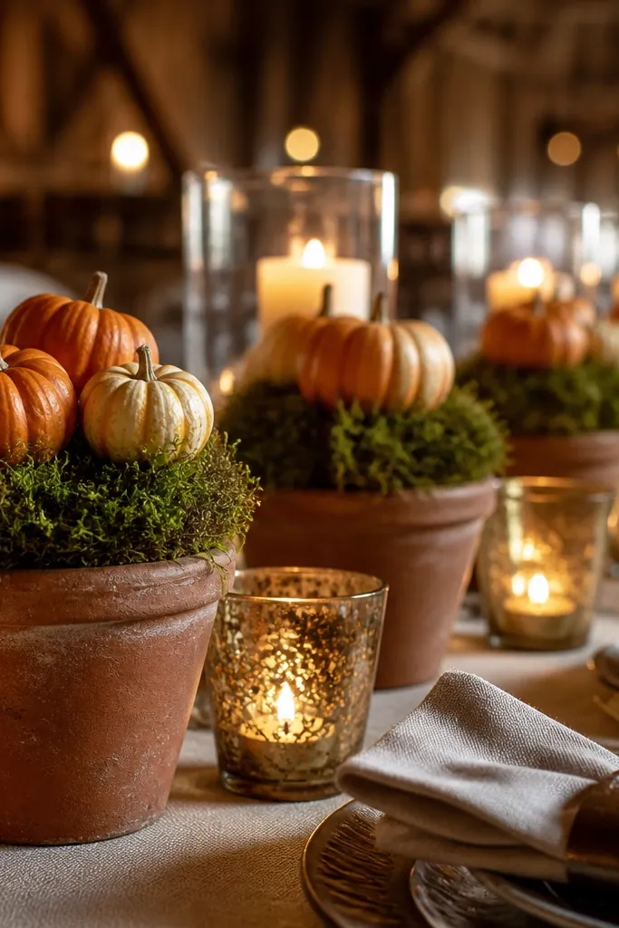 Terracotta pots filled with moss and mini pumpkins on a table runner